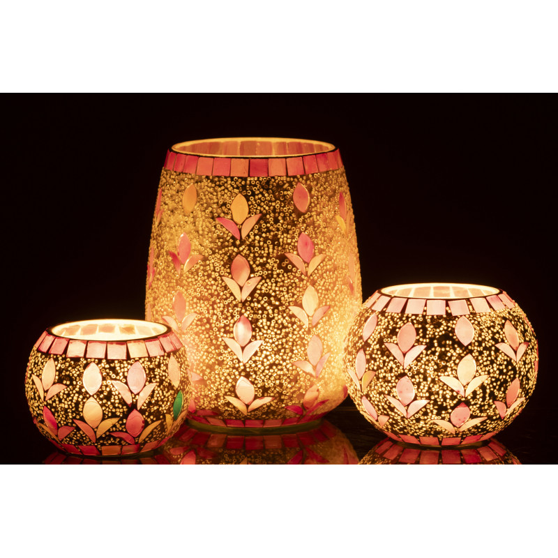 Photophore bohème D 12 cm Verre Blanc cassé Rose fuchsia Mosaïque Motif fleurs Nolika 