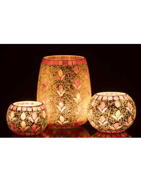 Photophore bohème D 12 cm Verre Blanc cassé Rose fuchsia Mosaïque Motif fleurs Nolika 