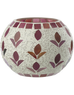 Photophore bohème D 10 cm Verre Blanc cassé Rose fuchsia Mosaïque Motif fleurs Nolika 