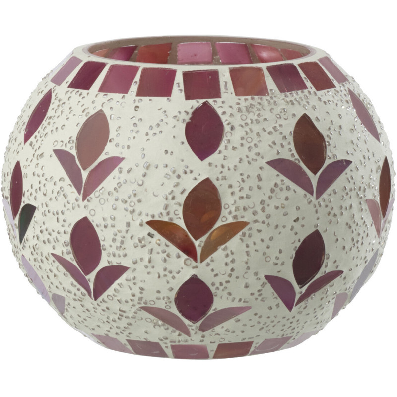 Photophore bohème D 10 cm Verre Blanc cassé Rose fuchsia Mosaïque Motif fleurs Nolika 
