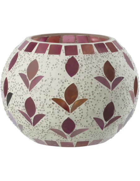 Photophore bohème D 10 cm Verre Blanc cassé Rose fuchsia Mosaïque Motif fleurs Nolika 