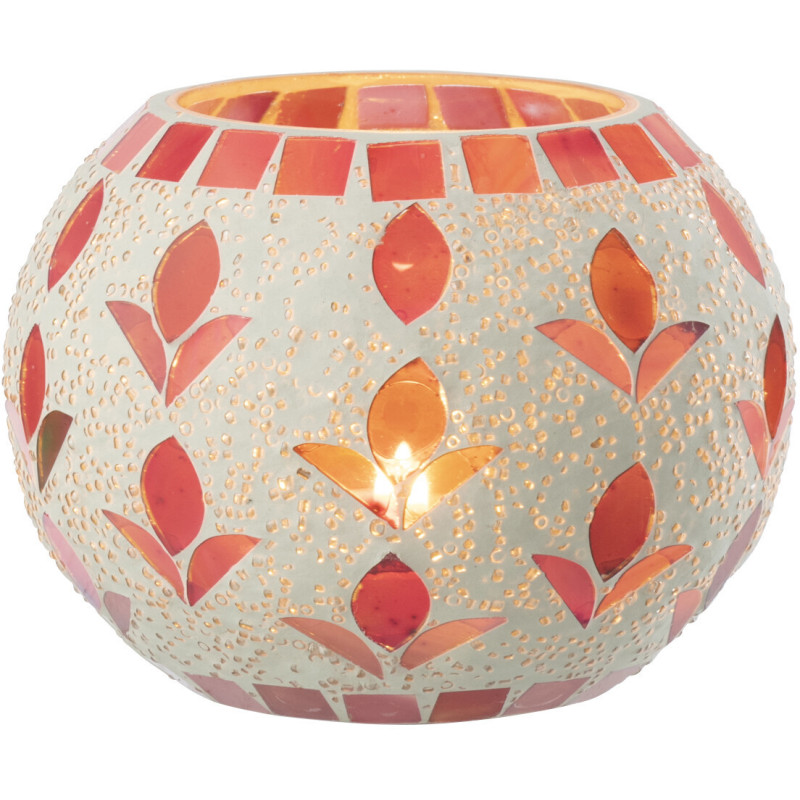 Photophore bohème D 10 cm Verre Blanc cassé Rose fuchsia Mosaïque Motif fleurs Nolika 