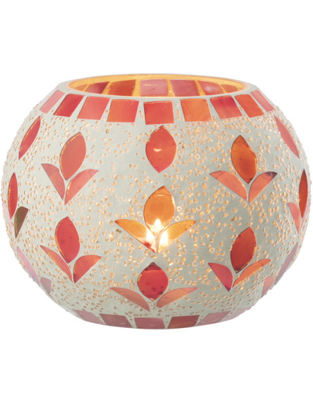 Photophore bohème D 10 cm Verre Blanc cassé Rose fuchsia Mosaïque Motif fleurs Nolika 