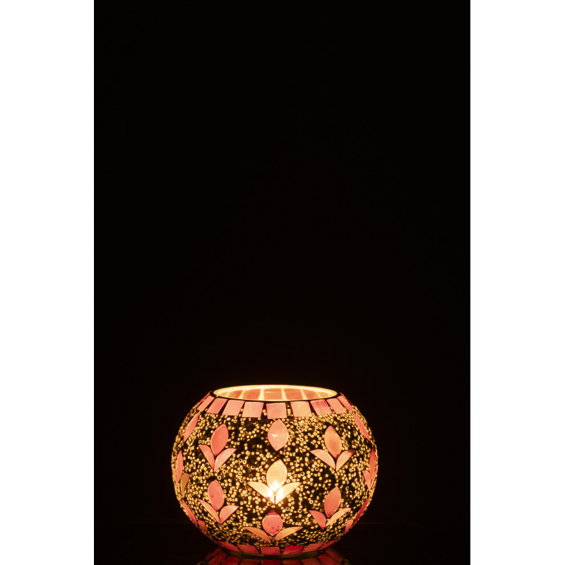 Photophore bohème D 10 cm Verre Blanc cassé Rose fuchsia Mosaïque Motif fleurs Nolika 