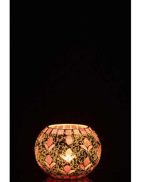 Photophore bohème D 10 cm Verre Blanc cassé Rose fuchsia Mosaïque Motif fleurs Nolika 