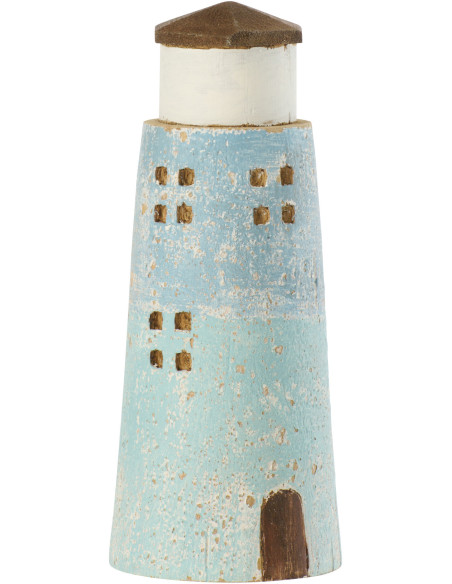 Phare déco bord de mer H 19 cm Bois de paulownia Bleu clair Blanc Nautina 