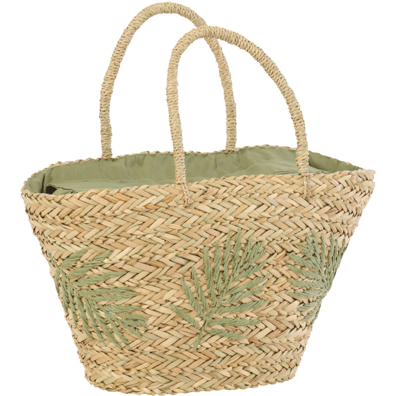 Panier Cabas tropical chic Jonc de mer Naturel Tressé Vert olive Motif feuilles Palmedo 