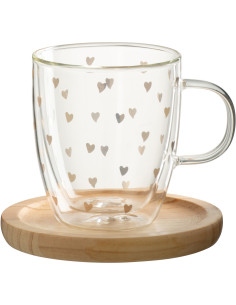 Mug romantique chic 400 ml Verre Transparent Motif coeurs Doré Bois Naturel Amorissia 