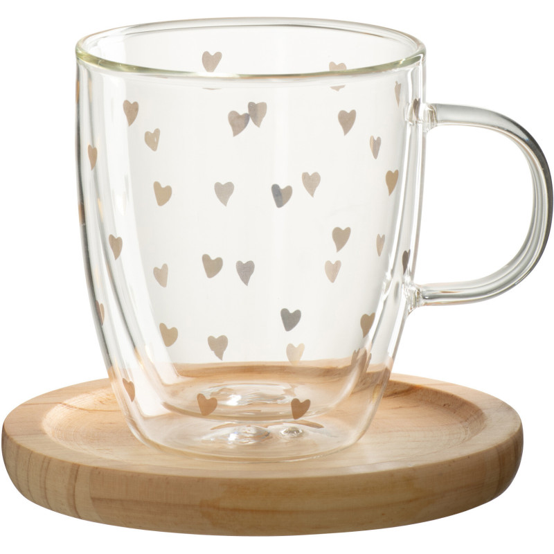 Mug romantique chic 400 ml Verre Transparent Motif coeurs Doré Bois Naturel Amorissia 
