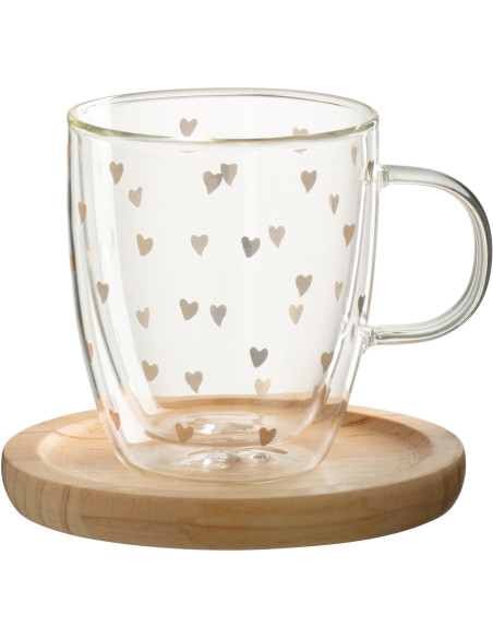 Mug romantique chic 400 ml Verre Transparent Motif coeurs Doré Bois Naturel Amorissia 