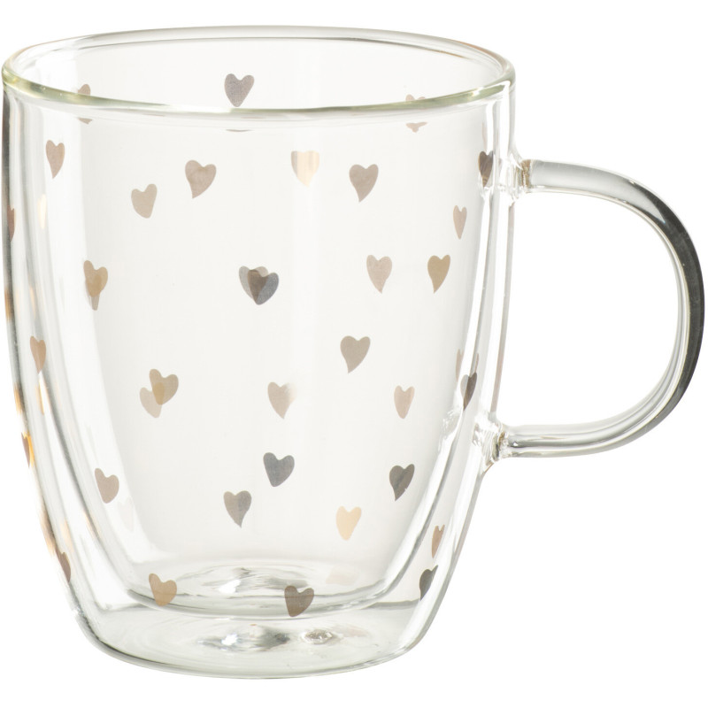 Mug romantique chic 400 ml Verre Transparent Motif coeurs Doré Bois Naturel Amorissia 