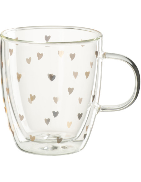 Mug romantique chic 400 ml Verre Transparent Motif coeurs Doré Bois Naturel Amorissia 