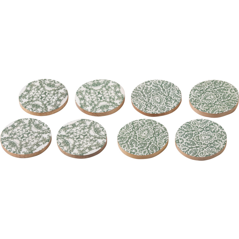 Lot de 8 Sous-verres Campagne chic Rond 10 cm Bois de manguier Vert Blanc Naturel Verdeno 