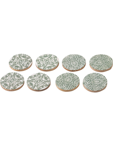 Lot de 8 Sous-verres Campagne chic Rond 10 cm Bois de manguier Vert Blanc Naturel Verdeno 