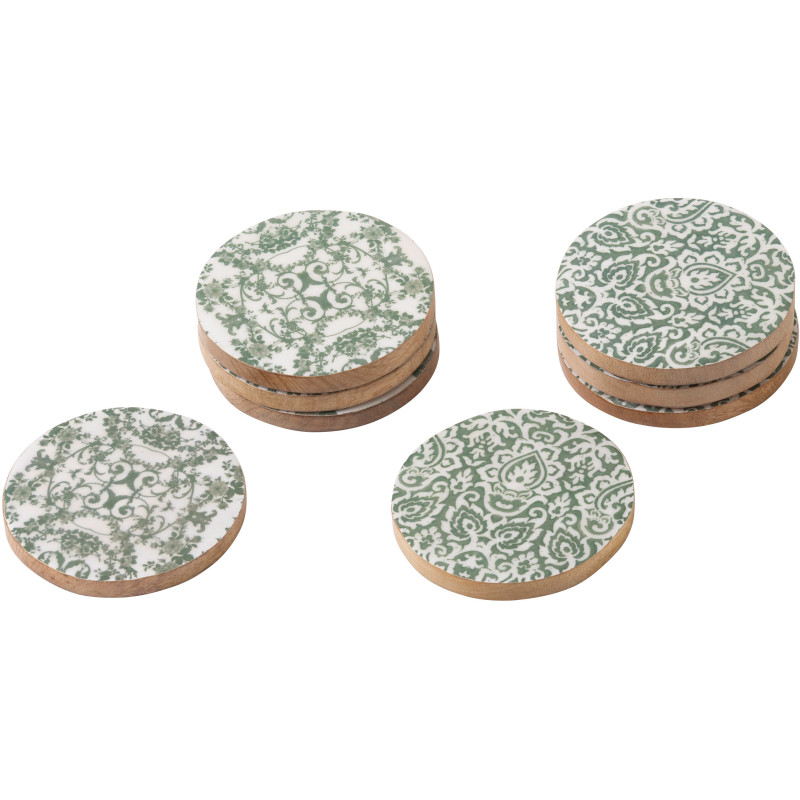 Lot de 8 Sous-verres Campagne chic Rond 10 cm Bois de manguier Vert Blanc Naturel Verdeno 