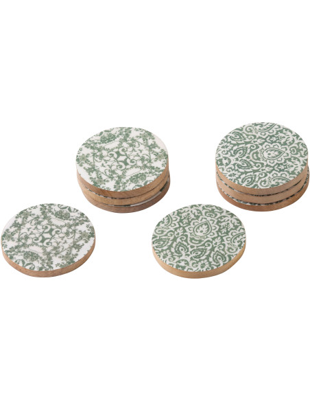 Lot de 8 Sous-verres Campagne chic Rond 10 cm Bois de manguier Vert Blanc Naturel Verdeno 