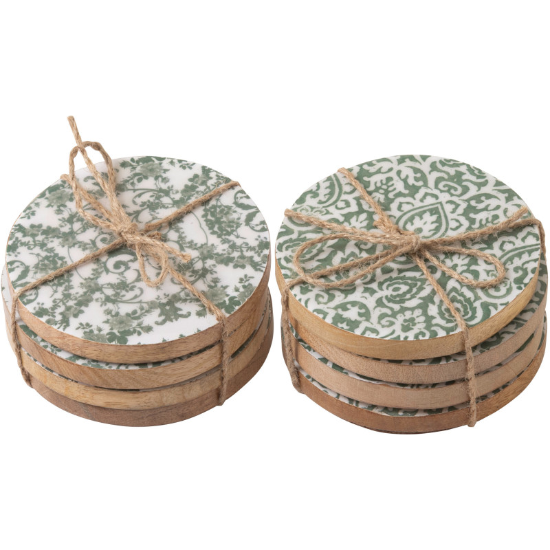 Lot de 8 Sous-verres Campagne chic Rond 10 cm Bois de manguier Vert Blanc Naturel Verdeno 
