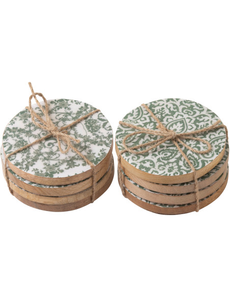 Lot de 8 Sous-verres Campagne chic Rond 10 cm Bois de manguier Vert Blanc Naturel Verdeno 