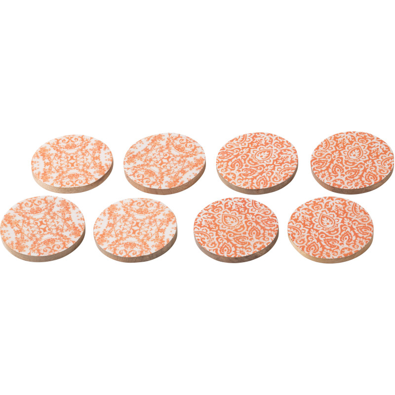 Lot de 8 Sous-verres Campagne chic Rond 10 cm Bois de manguier Orange Blanc Naturel Verdeno 