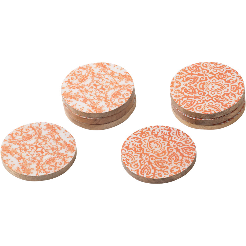Lot de 8 Sous-verres Campagne chic Rond 10 cm Bois de manguier Orange Blanc Naturel Verdeno 