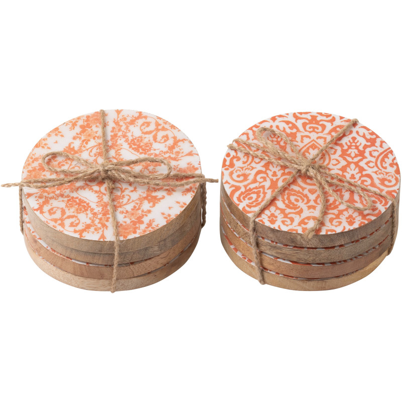 Lot de 8 Sous-verres Campagne chic Rond 10 cm Bois de manguier Orange Blanc Naturel Verdeno 