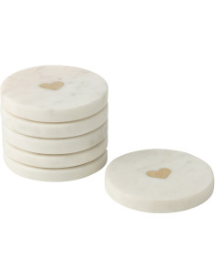 Lot de 6 Sous-verres romantique chic Rond 10 cm Marbre Blanc Doré Motif coeur Lovelli 