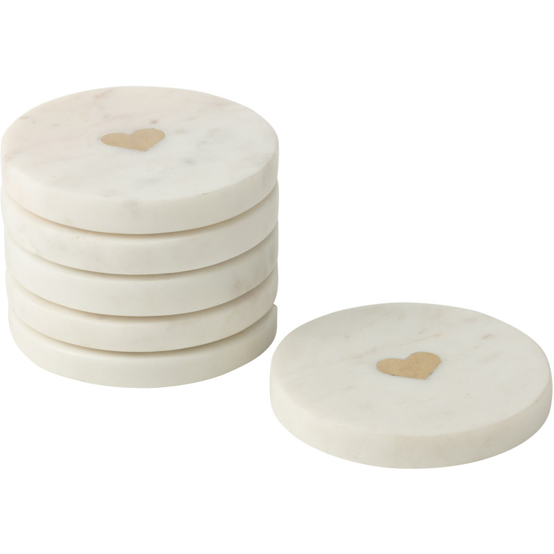 Lot de 6 Sous-verres romantique chic Rond 10 cm Marbre Blanc Doré Motif coeur Lovelli 