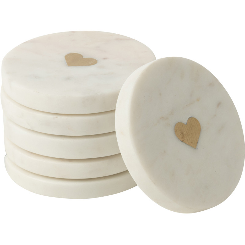 Lot de 6 Sous-verres romantique chic Rond 10 cm Marbre Blanc Doré Motif coeur Lovelli 