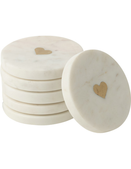 Lot de 6 Sous-verres romantique chic Rond 10 cm Marbre Blanc Doré Motif coeur Lovelli 