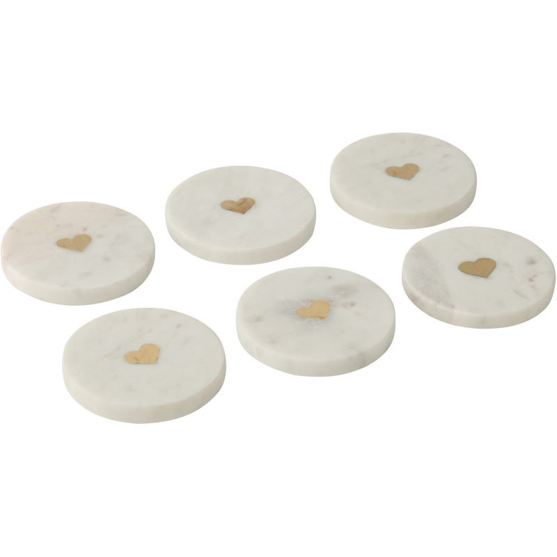 Lot de 6 Sous-verres romantique chic Rond 10 cm Marbre Blanc Doré Motif coeur Lovelli 