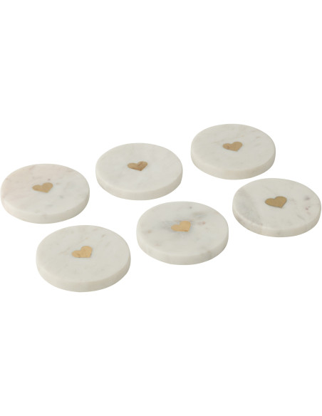 Lot de 6 Sous-verres romantique chic Rond 10 cm Marbre Blanc Doré Motif coeur Lovelli 