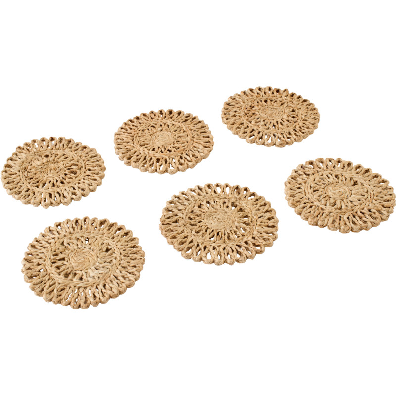 Lot de 6 Sous-verres bohème chic Rond 12 cm Jute Naturel Tressé Soléra 