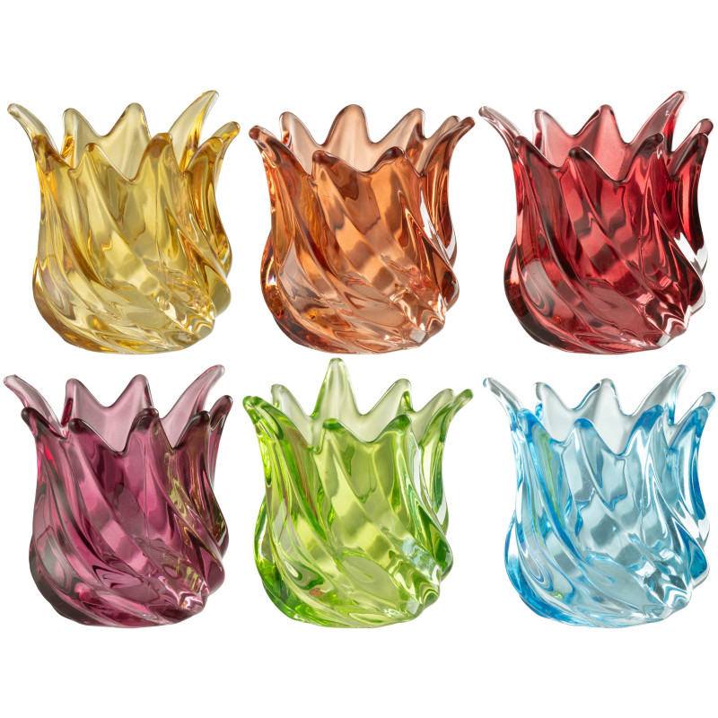 Lot de 6 Photophores design Flammes 9 cm Verre Multicolore Popa 