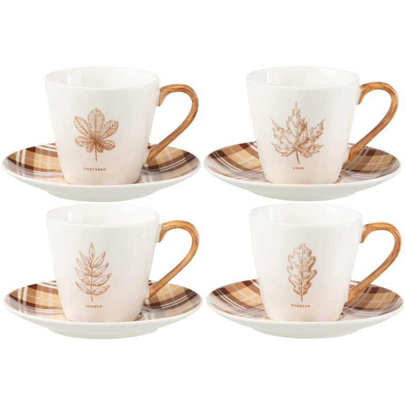 Lot de 4 Tasses à thé campagne chic 220 ml Céramique Blanc Marron Motif feuilles Leavina 