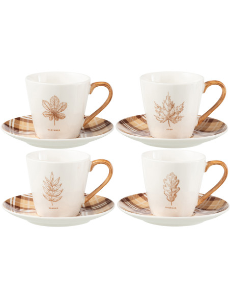 Lot de 4 Tasses à thé campagne chic 220 ml Céramique Blanc Marron Motif feuilles Leavina 