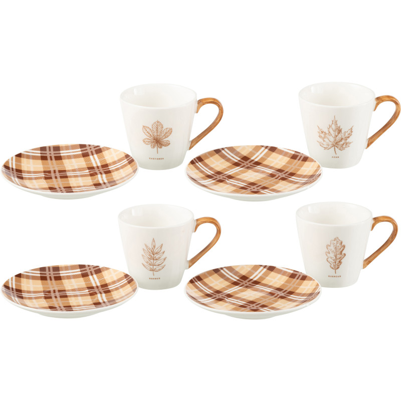 Lot de 4 Tasses à thé campagne chic 220 ml Céramique Blanc Marron Motif feuilles Leavina 