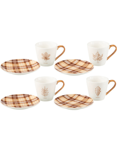 Lot de 4 Tasses à thé campagne chic 220 ml Céramique Blanc Marron Motif feuilles Leavina 