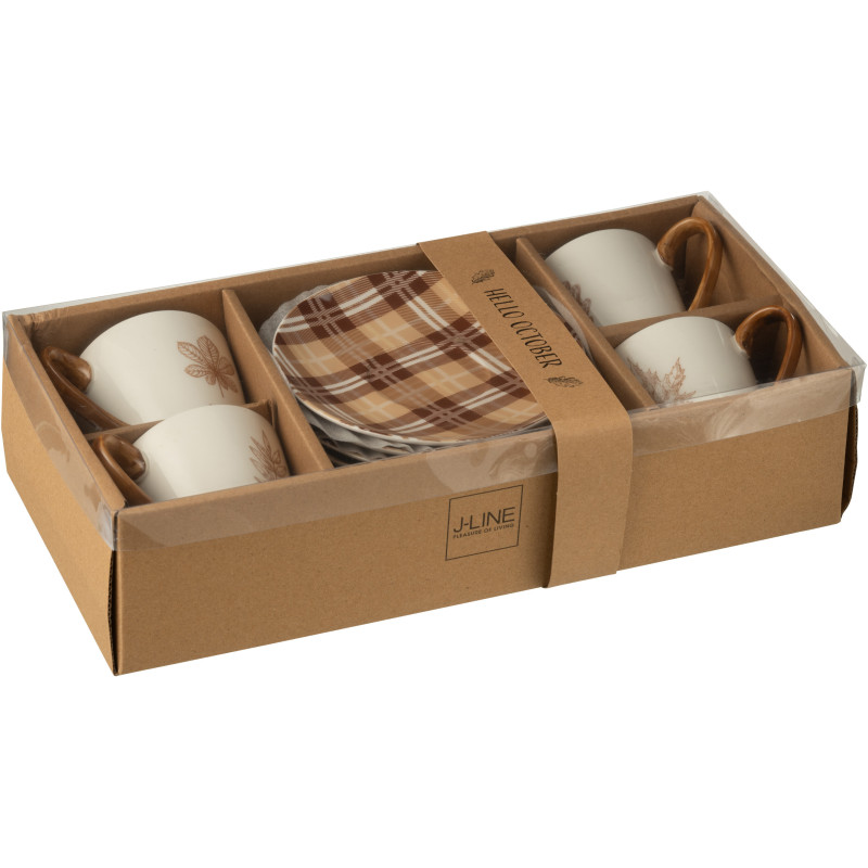 Lot de 4 Tasses à thé campagne chic 220 ml Céramique Blanc Marron Motif feuilles Leavina 