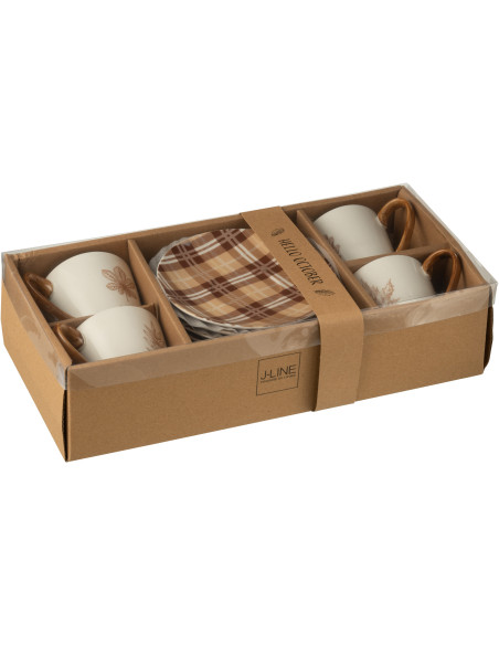 Lot de 4 Tasses à thé campagne chic 220 ml Céramique Blanc Marron Motif feuilles Leavina 