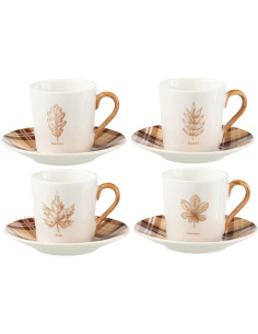 Lot de 4 Tasses à café campagne chic 80 ml Céramique Blanc Marron Motif feuilles Leavina 