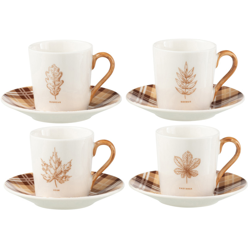 Lot de 4 Tasses à café campagne chic 80 ml Céramique Blanc Marron Motif feuilles Leavina 