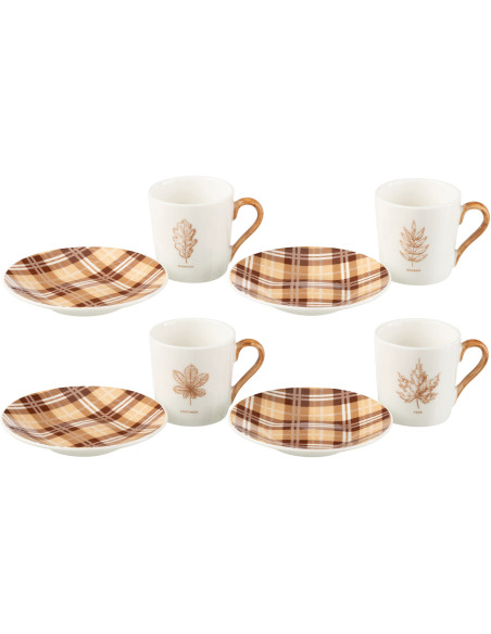 Lot de 4 Tasses à café campagne chic 80 ml Céramique Blanc Marron Motif feuilles Leavina 