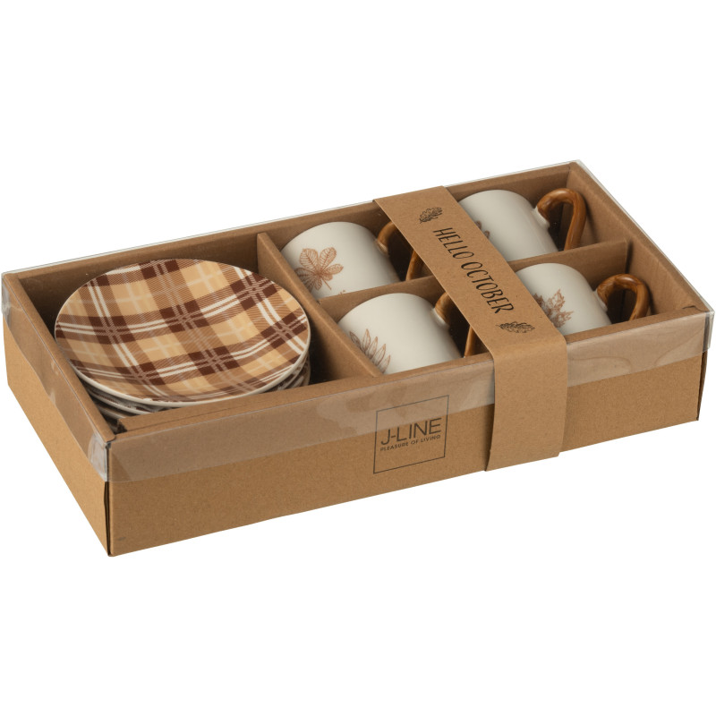 Lot de 4 Tasses à café campagne chic 80 ml Céramique Blanc Marron Motif feuilles Leavina 