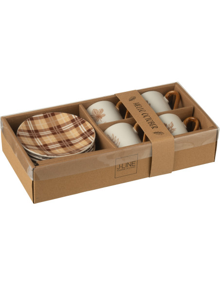 Lot de 4 Tasses à café campagne chic 80 ml Céramique Blanc Marron Motif feuilles Leavina 