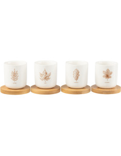 Lot de 4 Tasses à café campagne chic 100 ml Céramique Blanc Marron Motif feuilles Bois Naturel Leavina 