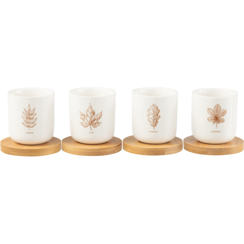 Lot de 4 Tasses à café campagne chic 100 ml Céramique Blanc Marron Motif feuilles Bois Naturel Leavina 