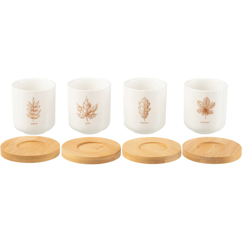 Lot de 4 Tasses à café campagne chic 100 ml Céramique Blanc Marron Motif feuilles Bois Naturel Leavina 