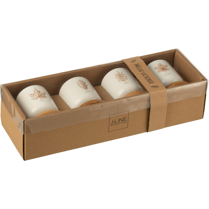 Lot de 4 Tasses à café campagne chic 100 ml Céramique Blanc Marron Motif feuilles Bois Naturel Leavina 