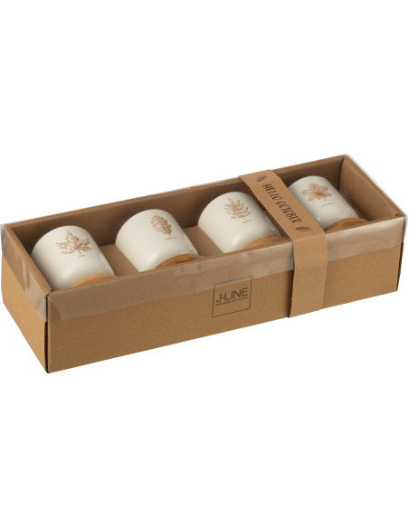 Lot de 4 Tasses à café campagne chic 100 ml Céramique Blanc Marron Motif feuilles Bois Naturel Leavina 
