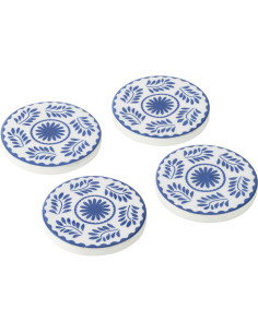 Lot de 4 Sous-verres style méditerrannéen Rond 10 cm Bois de manguier Blanc Bleu Motif fleurs Azuriva 